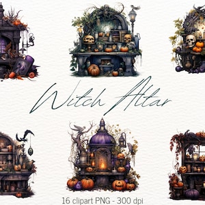 Halloween Clipart Bundle 16 Transparent Files Watercolor Witch Altar Gothic Digital Wall Art Print Digital Paper Scrapbooking Card Making