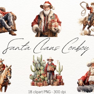 Pacchetto di clipart natalizie con Babbo Natale, cowboy, western, stampabili, arte murale digitale, carta da scrapbooking, diari spazzatura, 18 file PNG trasparenti.
