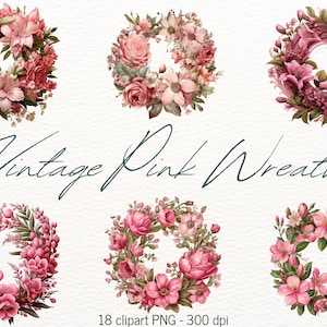 Floral Wreath Clipart Bundle, Watercolor Flowers Clipart, Vintage Pink Wreath Illustrations, Wedding Clipart, Floral Frame Clipart
