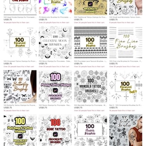 Op de afbeelding: Een raster van digitale kunstpenselen voor Procreate, met verschillende thema's zoals tatoeages, bloemen en mandala's. Elke set is gelabeld met een nummer en een beschrijvende titel, zoals "100 Head Brushes" en "100 Rose Tattoo".