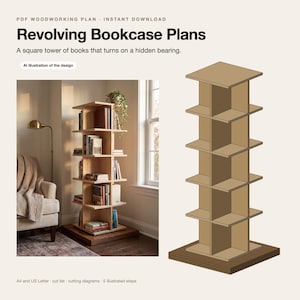 Puede incluir: Plan de carpintería en PDF para una estantería giratoria. La imagen muestra el texto: "Revolving Bookcase Plans", "A square tower of books that turns on a hidden bearing" y "AI illustration of the design". Muestra una estantería alta de madera clara.