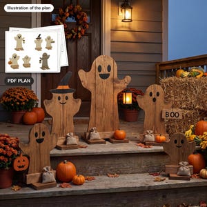May include: A set of five wooden ghost cutouts with dark brown wood grain, featuring painted black eyes and mouths. Some ghosts hold small lanterns or signs with the text BOO. Includes a PDF plan showing illustration of the plan.