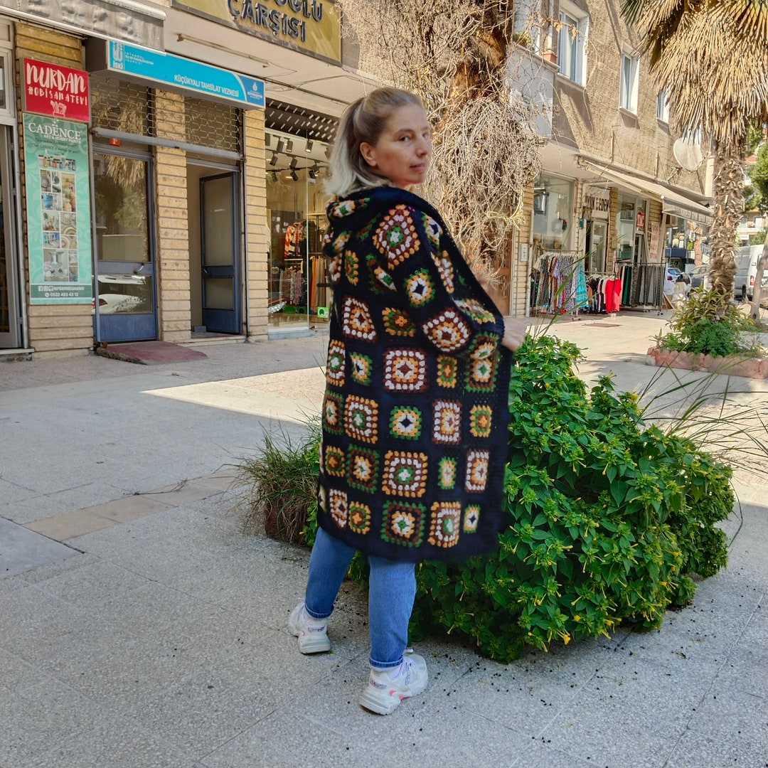 Granny Square Hooded Cardigan Crochet Afghan Jacket Colorful Etsy