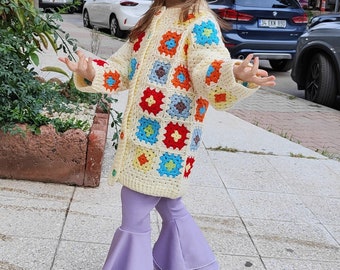 Handmade Granny Square Cardigan for Kids & Baby, Crochet Kids Cardigan, Colorful Toddler Winter Cardigan