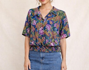 Vintage Lauren Lee Floral Blouse: Romantic Cottagecore Silky Short Sleeve Top Size Large