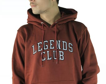 Sudadera con capucha universitaria bordada en color granate: jersey unisex de mezcla de algodón