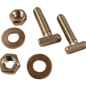 May include: Two sets of gold-toned metal T-nuts with screws and washers. The T-nuts have a square shape with a threaded hole in the center. The screws are threaded and have a hexagonal head. The washers are round and have a hole in the center.