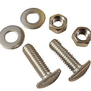 May include: Four silver metal T-nuts and two silver metal bolts with washers.