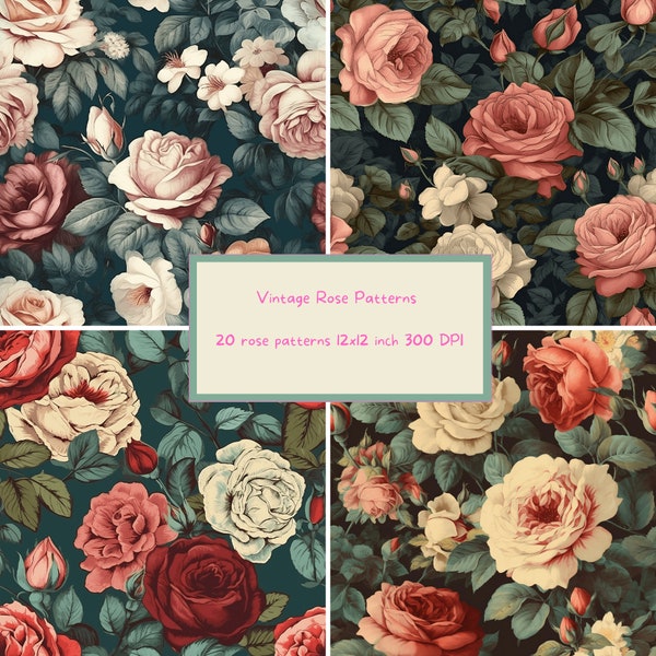 Vintage Rose Floral Pattern, Digital Floral Pattern, Seamless Rose Pattern, Seamless Flower Pattern, Flower Digital Paper, Floral Printable