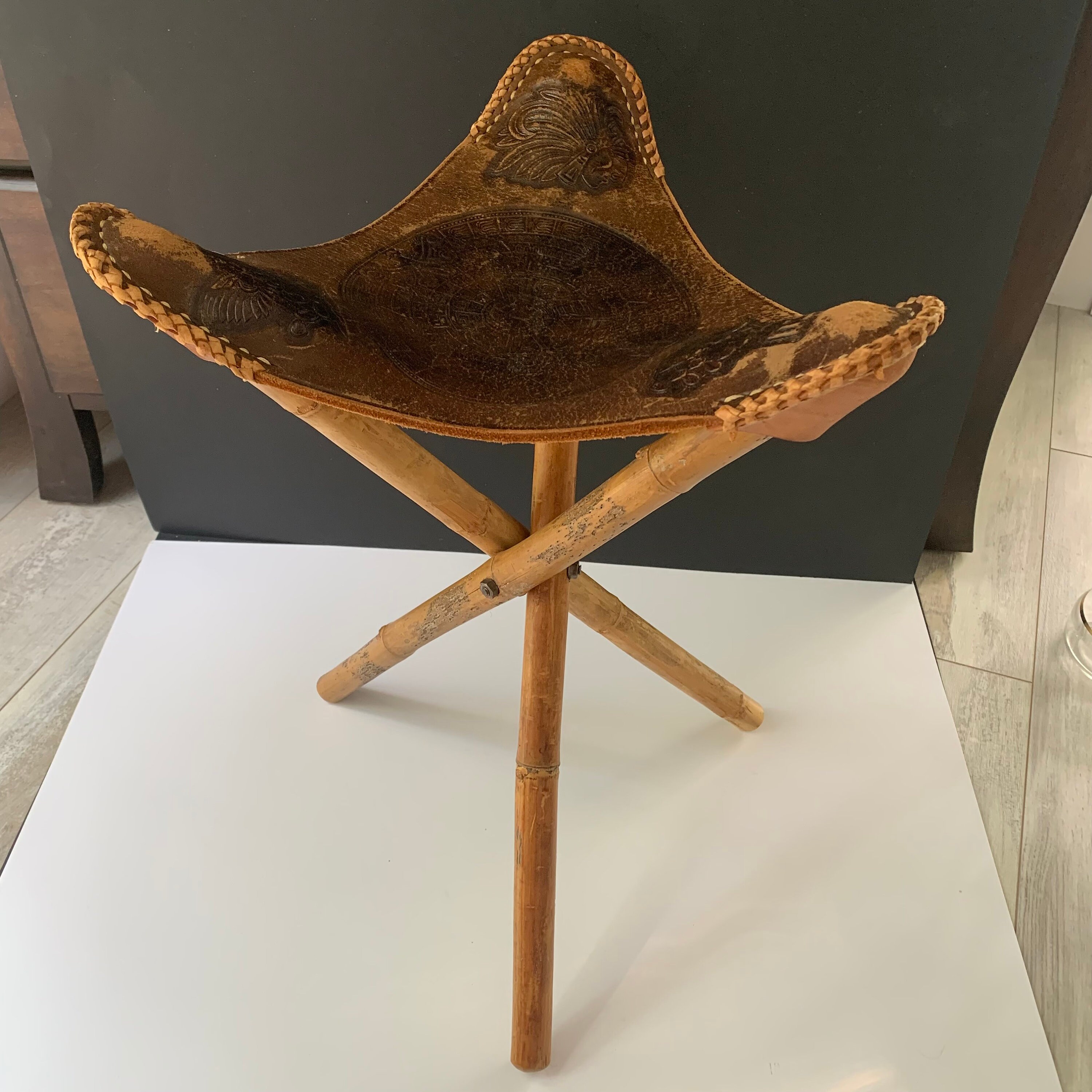 Vintage leather tripod stool from Mexico