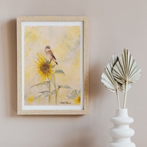 Limited edition print, fine art print sparrow feathers and sunflower, illustration, wall art, animal poster, watercolor birds