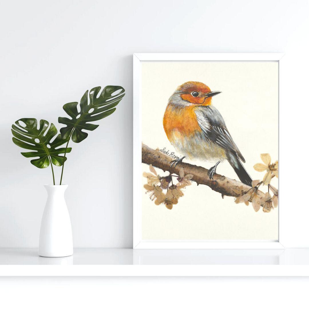 Fine Art Print of Watercolor Robin and Dried Flowers, Wall Art Decor ...