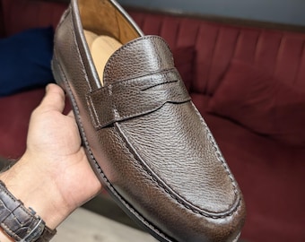 Handgjorda herrloafers i läder – Pennyloafers i kalvskinn – Blake-skor med sydd lädersula