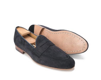 Blue Suede Penny Loafers Mens Slip Ons Casual Loafers Baby Calf Suede Leather Handmade Dress Shoes
