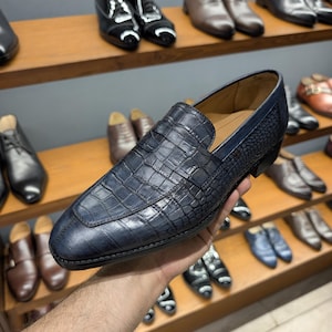 Mens Navy Blue Crocodile Loafers - Etsy display picture 1