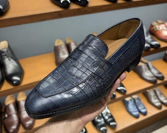 Penny Loafers Mens burnished Navy Blue  Crocodile Embossed Calf Leather Dress Shoes Slip On Loafers Alligator Handmade Leather Shoes