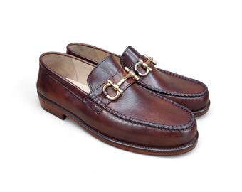 Horsebit loafers Mens Burnished Brown Handmade Calf leather Slip On Dress Shoes Hand Stitched Upper