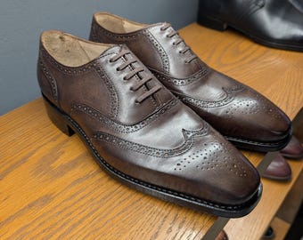 Zapatos Brogue para hombre, cosidos a mano, estilo Oxford, cosidos a mano, con suela Goodyear, zapatos de vestir a medida, piel de becerro con pátina vintage.