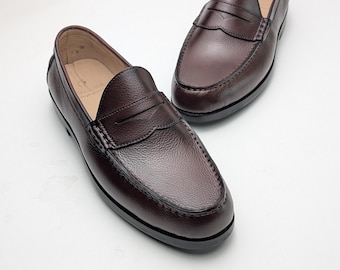 Penny Loafers Classic Round Toe Loafer For Men Full Grain Calf Leather Burgundy Brown Dark Oxblood Dress Shoes Slip On
