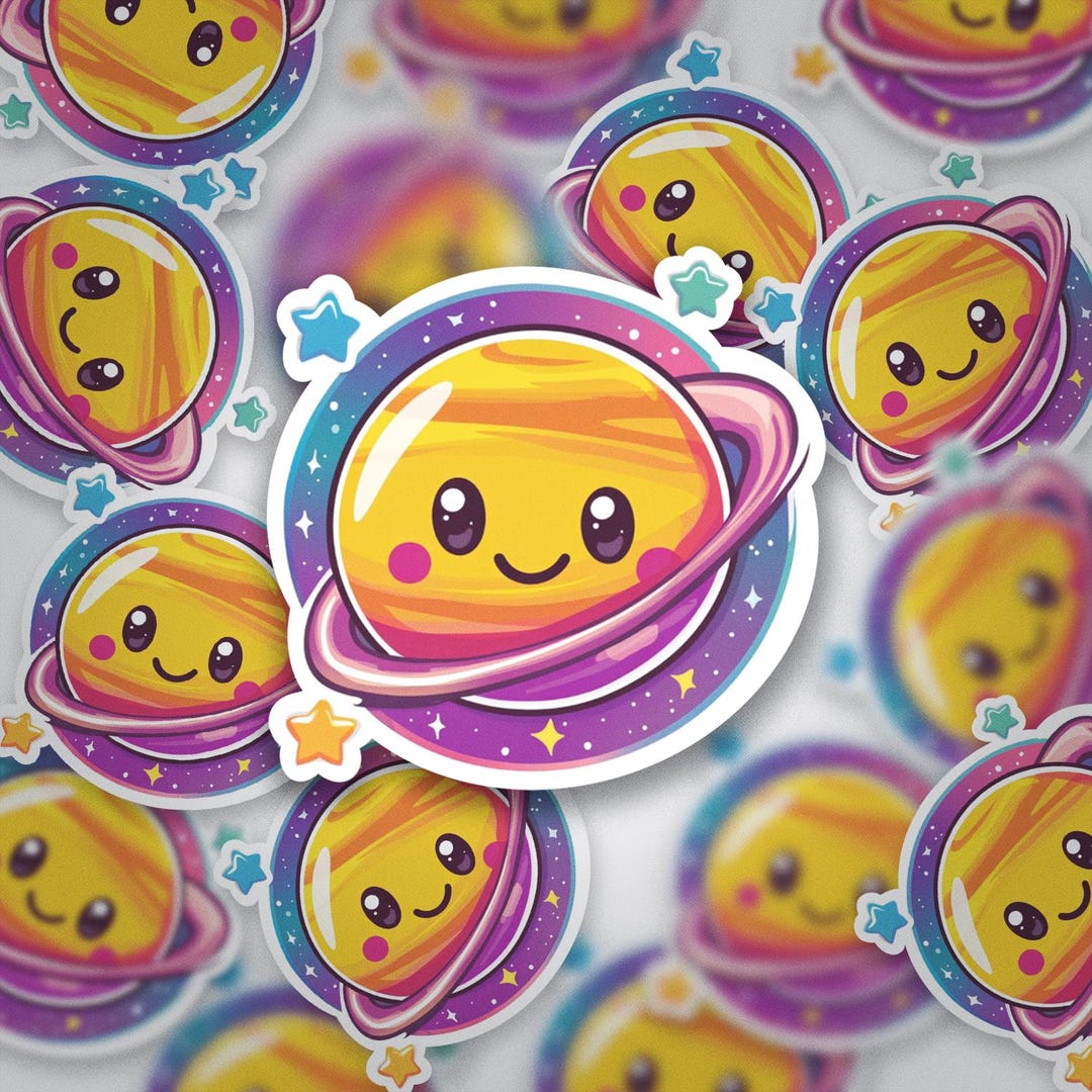 Cute Kawaii Saturn Planet Sticker – Smiling Space Vinyl Sticker ...