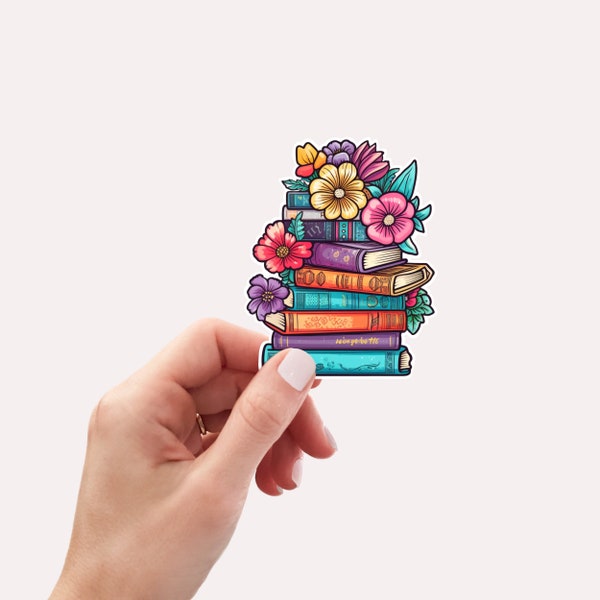 Vinyl Stickers, Vibrant Book Stacks and Flowers Sticker | Colorful and Whimsical Bookish Decor