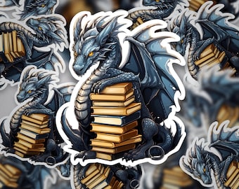 Sticker stapel draak en boek - sticker mystieke fantasie lezen