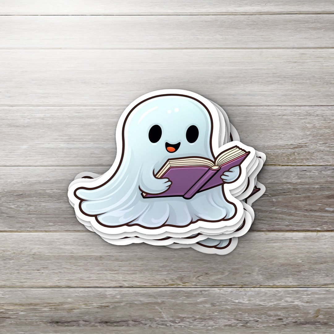 Whimsical Ghost Reading a Book Sticker - Enchanting Literary Decor - Etsy