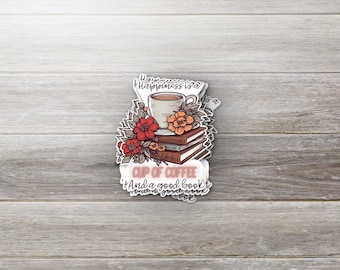 Coffee and Book Vinyl Sticker • Happiness is a Cup of Coffee & a Good Book • Cozy Bookish Decal • Journal and Tumbler Decor • Reader Gift
