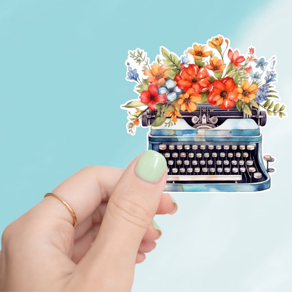 Vinyl Stickers, Vintage Typewriter and Flowers Sticker - Nostalgic Charm and Floral Delight