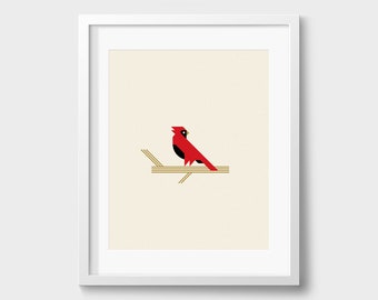 Cardinal Poster / Bird Collection / 8x10 Print / Mid-Century Modern / Minimalist / Swiss / Geometric / Nature Wall Art / Red Bird / Gift
