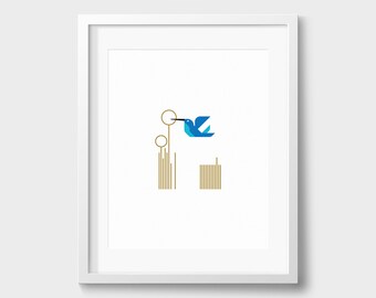 Humming Bird Poster / Bird Collection / 8x10 Print / Mid-Century Modern / Minimalist / Swiss / Geometric / Nature Wall Art / Gift