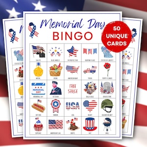 Puede incluir: Tres tarjetas de Bingo del Día de los Caídos con ilustraciones patrióticas, incluyendo banderas, la Estatua de la Libertad y un águila calva. Las tarjetas tienen el texto "Memorial Day BINGO" y "50 UNIQUE CARDS".