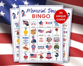 Memorial Day Bingo Spielkarten, 50 einzigartige Karten, Vaterländische Party Aktivität, printable PDF-Download