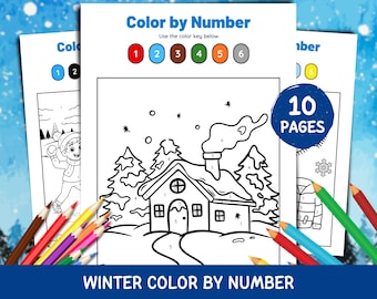 Couleurs d'hiver par numéro à imprimer pour les enfants, pages à colorier d'hiver confortables, pack d'activités d'hiver