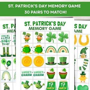 St. Patrick's Day Memory Matching Game Printable PDF, 60 Cards Fun Activity for Kids & Preschool Classroom