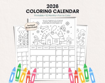 Calendario mensual infantil 2026, imprimible, para colorear y para colorear.