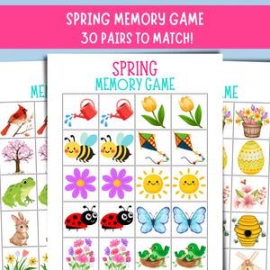 Puede incluir: Un juego de memoria de primavera con 30 pares para emparejar. El juego presenta ilustraciones coloridas de objetos con temas de primavera, incluyendo flores, abejas, mariposas y pájaros. El juego está impreso en cartulina blanca.
