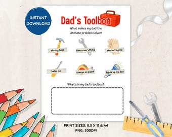 Hoja de trabajo imprimible para la caja de herramientas de papá / Regalo práctico para el Día del Padre: Papá, papá, niños, dibujo, hoja de trabajo, PDF