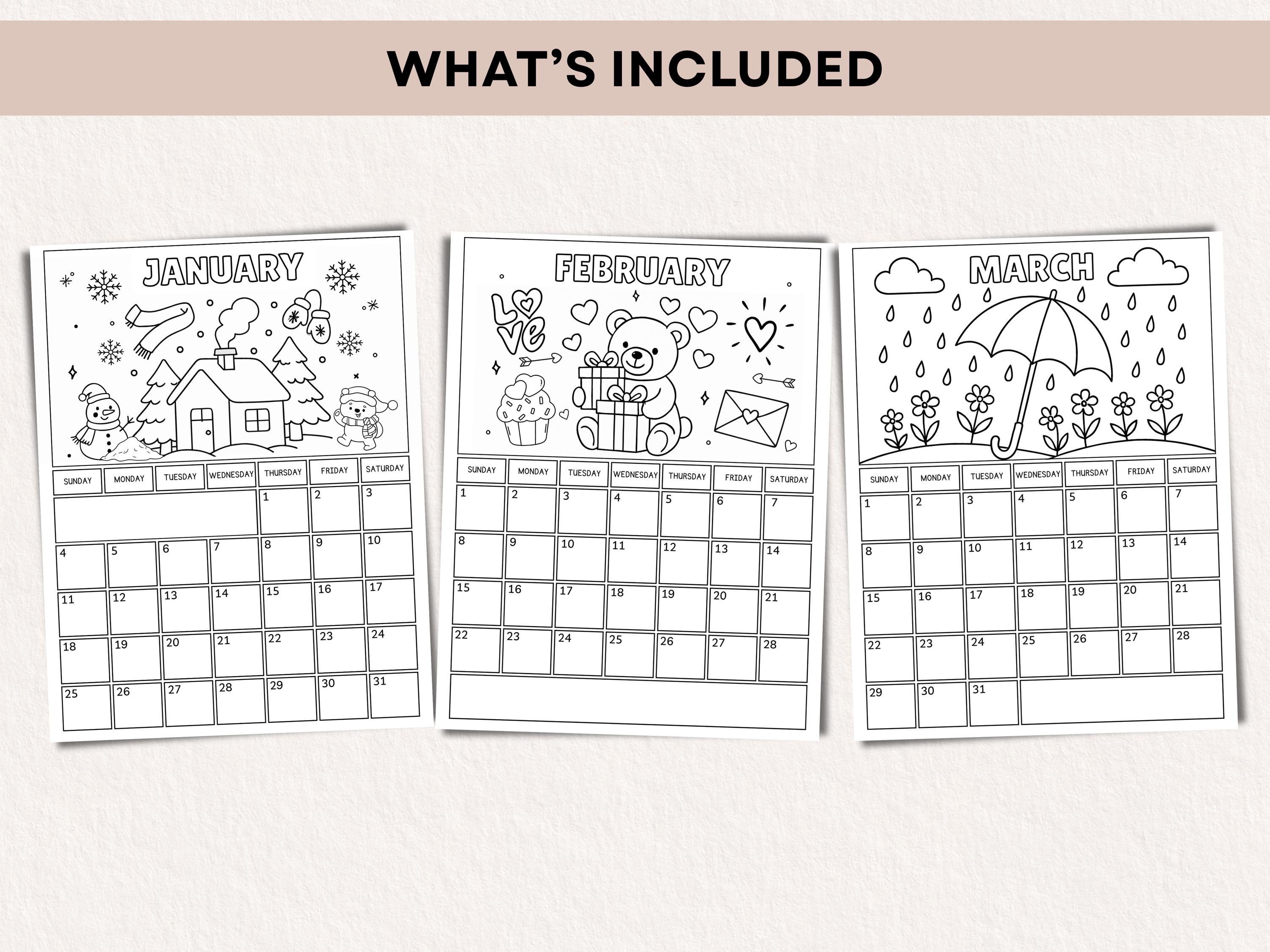 Kids Monthly Calendar 2026, Printable Calendar, 2026 Coloring Calendar ...