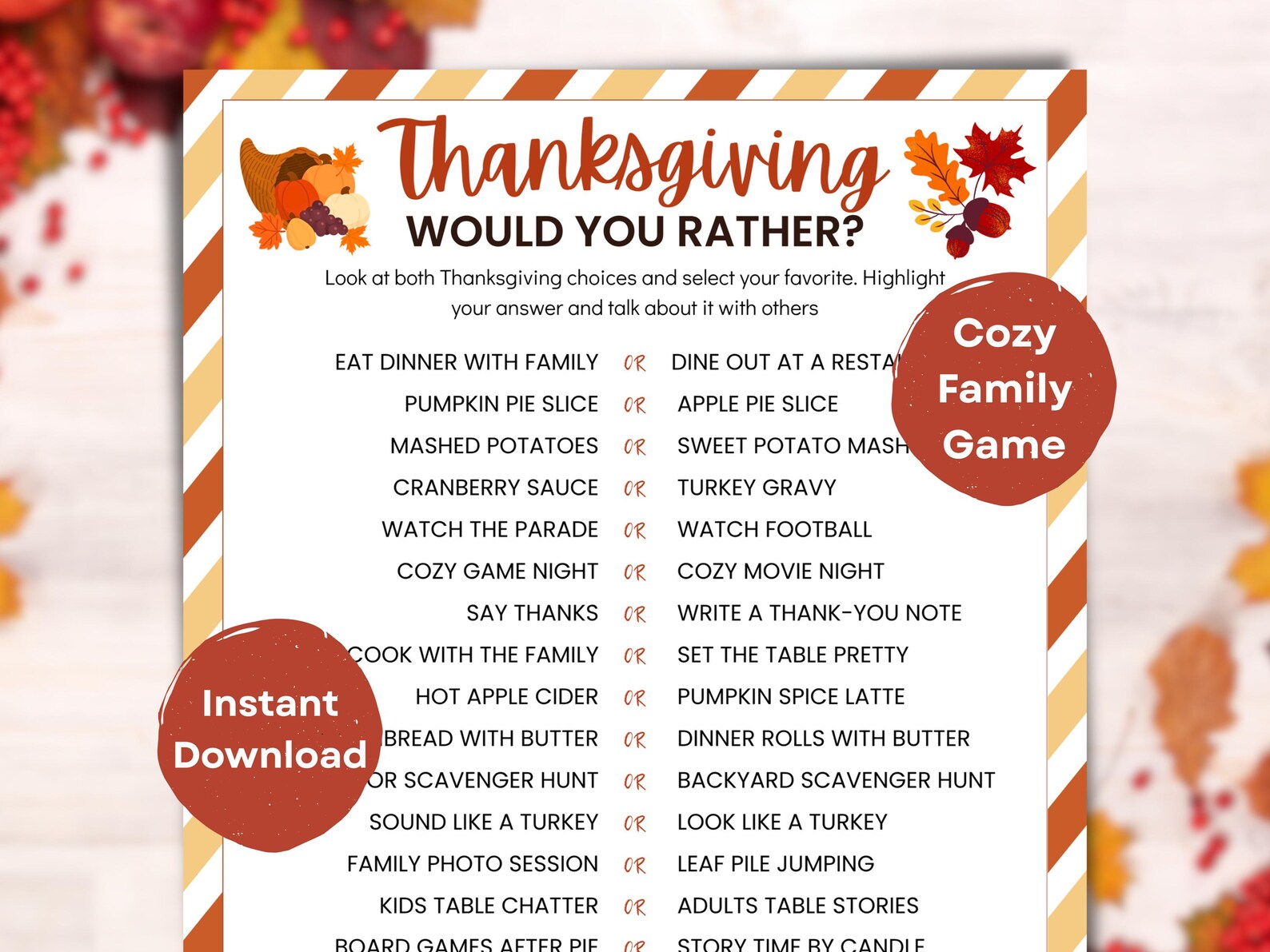 Thanksgiving Would You Rather Printable Game – Fun Kids & Family ...