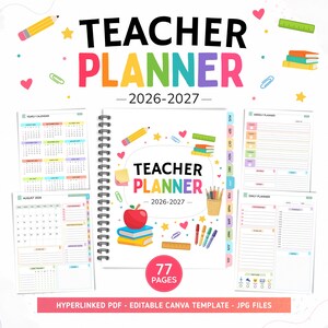May include: A spiral-bound 2026-2027 teacher planner with 77 pages, featuring a white cover with colorful school supply illustrations, a red apple, and stacked books. Includes interior page layouts for yearly, weekly, and daily planning.