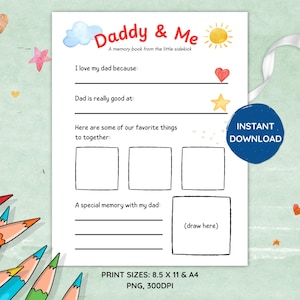Op de afbeelding: Een printbaar "Papa & Ik" herinneringsboek met aquarel illustraties van een wolk, zon, harten en sterren. Het boek bevat invulvragen zoals "Ik hou van mijn papa omdat" en "Papa is echt goed in". Directe download in A4-formaat.