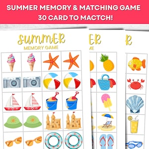 Summer Memory Game Printable, Matching Game, Memory Game, Beach Flash Cards, Summer Activity for Kids, Preschool Game, Summer Learning