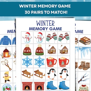 Op de afbeelding: Een wintergeheugenspel met 30 paren om te matchen. Het spel bevat illustraties van sneeuwpoppen, wanten, huizen, sneeuwvlokken, mokken warme chocolademelk, pinguïns, schaatsen en meer. De titel van het spel staat bovenaan.