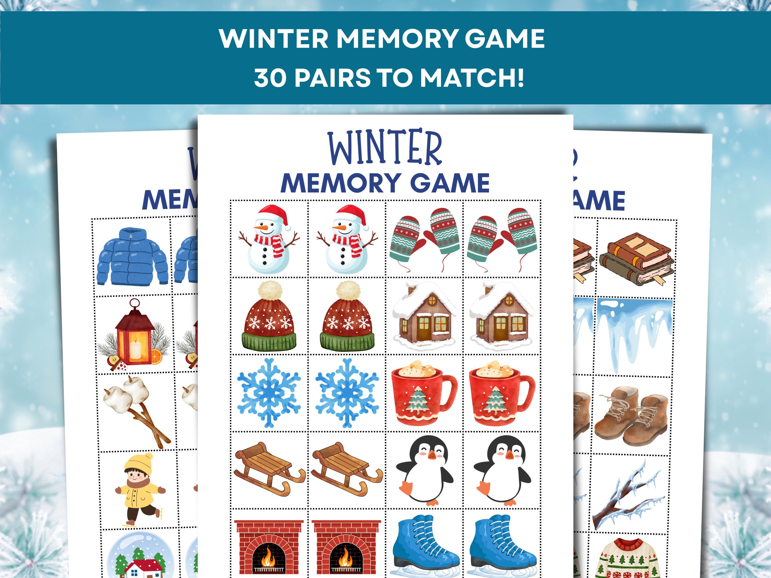 winter memory matching game printable pdf – fun winter activity