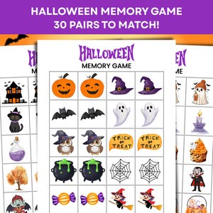 May include: Halloween Memory Game with 30 pairs to match. The game features illustrations of pumpkins, bats, witches, ghosts, and other spooky images. The game's title is in purple, and the cards are white.