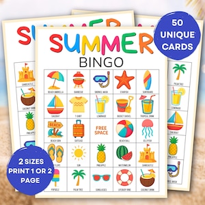 Afdrukbaar spel zomerbingo, 50 bingokaarten, zomerspel, zomeractiviteit, afdrukbare bingo voor kinderen, vakantieactiviteit