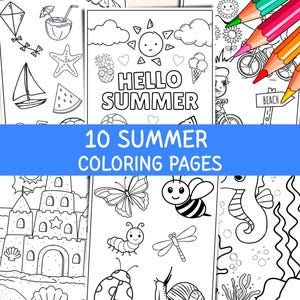 Summer Coloring Page Set, 10 Fun Printable PDF Sheet, Pool Party Activity, Summer Activities, Beach Party Games, Kids Camp Coloring Pages