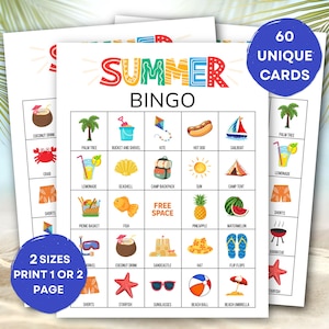 Summer Bingo Game: 60 Printable Cards, Family Vacation Activity (Digital Download)