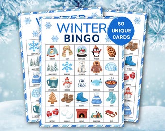 May include: Three winter-themed bingo cards with a blue and white border. The cards feature illustrations of winter items like a sweater, scarf, and snowman. Text on the cards reads "Winter Bingo" and "50 Unique Cards."